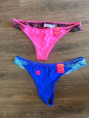 Candie's Pink & Blue Lace-Trim Thong Bottoms Sz L- Pack of 2